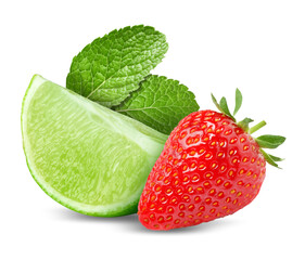Fresh lime, strawberry and mint leaves isolated on white