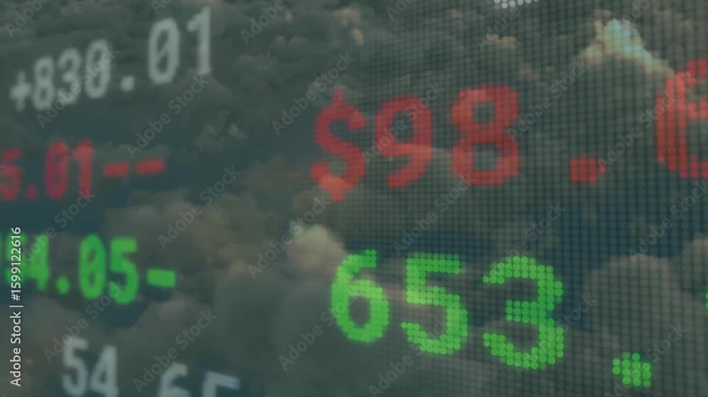 Poster on receiving realtime feed digital display updating red and green currency values on cloud backdrop