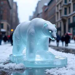 A single melting ice sculpture of a polar bear placed on a city street, representing climate change