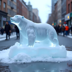 A single melting ice sculpture of a polar bear placed on a city street, representing climate change