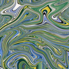 Bold, multicolor marbled abstract with vivid green, blue, and yellow tones creating dynamic swirling motion.