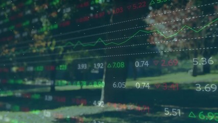 Sunny park starting finance overlay appearing with oscillating chart updating showing market trends - Powered by Adobe