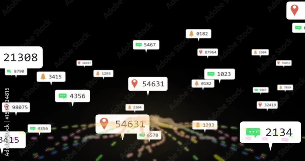 Poster emerging glowing network cluster sending floating pin, chat, bell callouts updating data metrics
