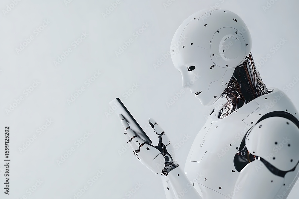 Poster futuristic robot using smartphone for communication and connection in the digital age