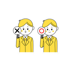 丸バツの札を持つスーツ姿の男性のイラスト