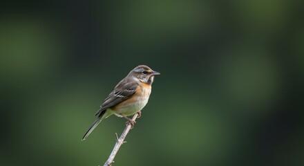 Fototapeta premium Small Brown Bird Perched on a Branch Against a Green Background