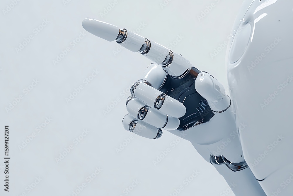 Poster futuristic robot hand pointing upwards in a modern, high-tech design with advanced technology