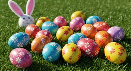 Colorful Easter Eggs and Bunny on Grass