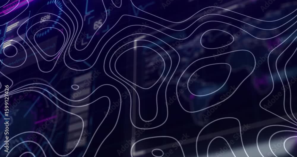 Poster high-tech dashboard loading, initiating white contours morphing loops visualizing data shifts