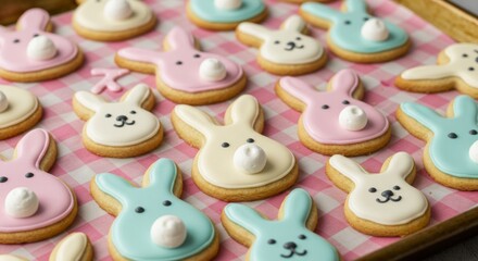 Fototapeta premium Pastel Bunny Cookies on Pink Gingham