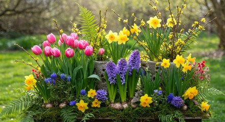 Fototapeta premium Vibrant Spring Flower Planter with Tulips, Daffodils and Hyacinths