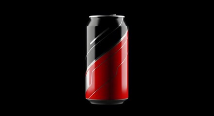 A metallic beverage can with a striking black and red design.