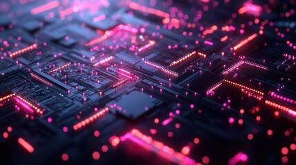 Obraz premium Futuristic circuit board with neon glowing components for high tech concept