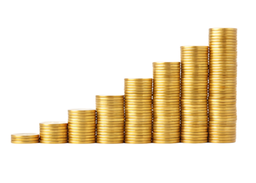 Stacks of gold coins arranged in ascending order against a black background showing financial growth