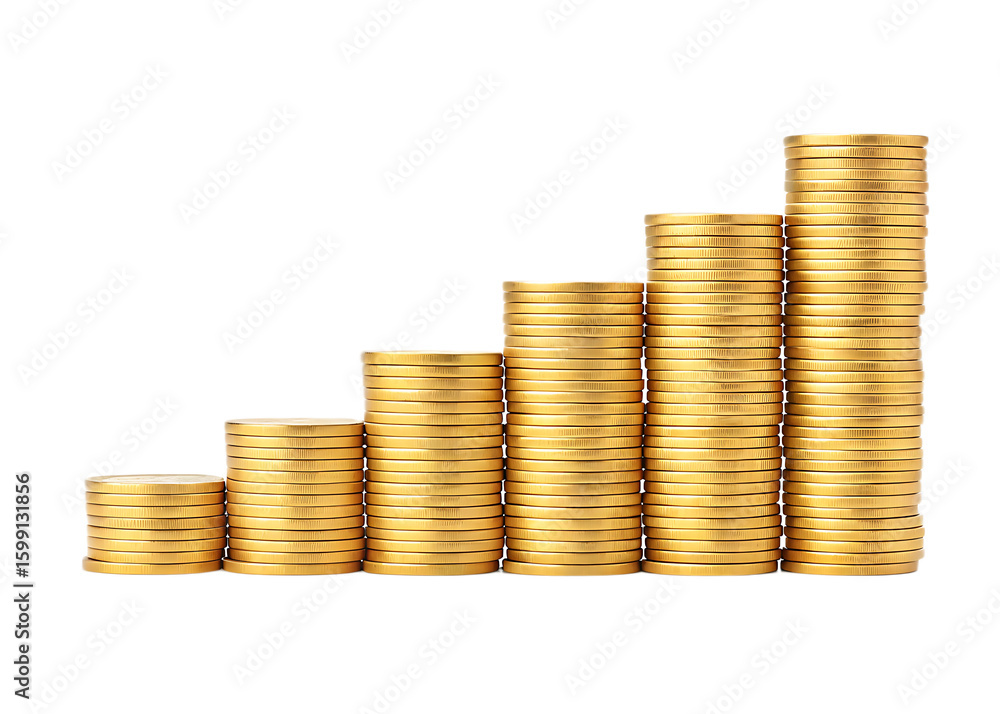 Poster stacks of golden coins arranged in ascending order on a black and white background image view