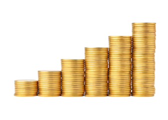 Stacks of golden coins arranged in ascending order on a black and white background image view