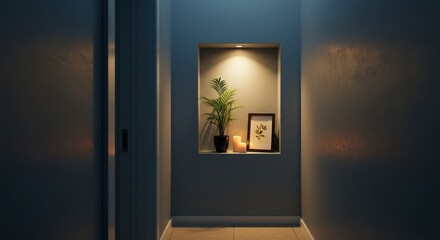 Serene Hallway Niche with Plant, Art Frame, and Soft Candle Light in Contemporary Interior Design