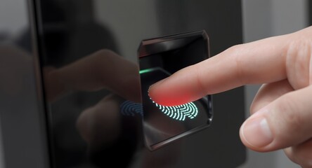 Fingerprint Scanner Authentication: Close-up of a Finger on a Biometric Device