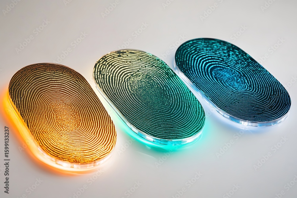 Poster three glowing fingerprint pads in a row for security concept and biometric authentication