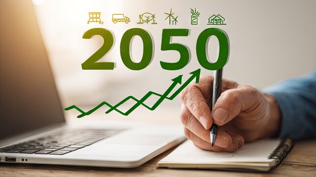 Hand writing notes about 2050 future, surrounded by icons and charts - Powered by Adobe