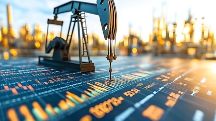 Oil pump jack sits atop financial data.