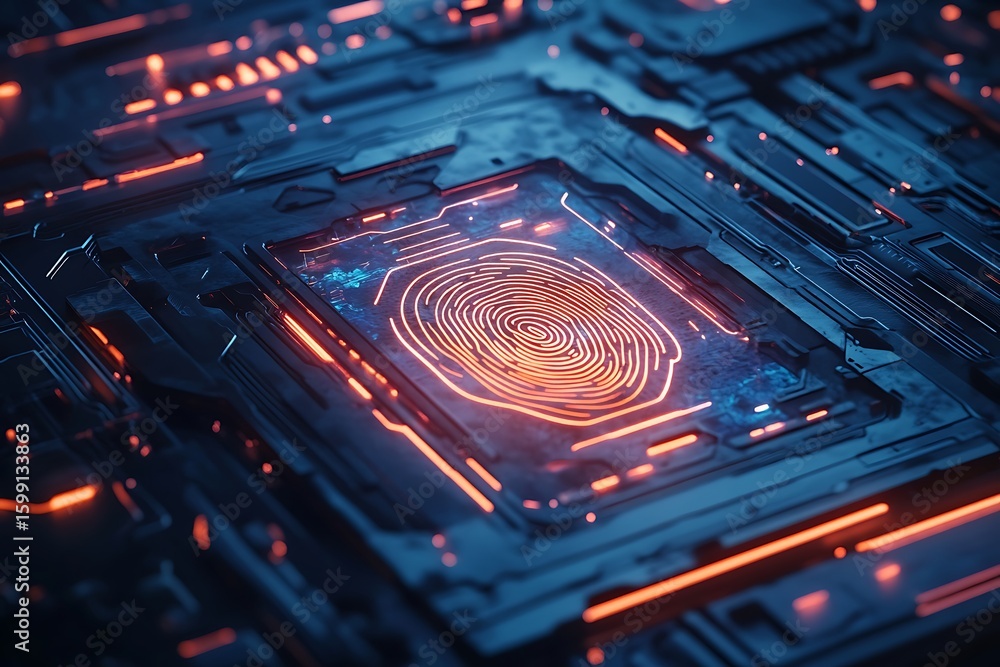 Poster futuristic technology fingerprint scan on circuit board for security and authentication