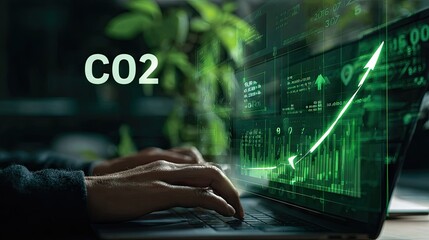 Hands typing on laptop, CO2 emissions graph overlay