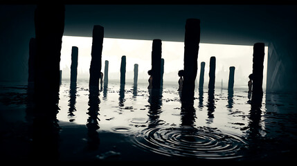 silhouette of a man sitting on a pier