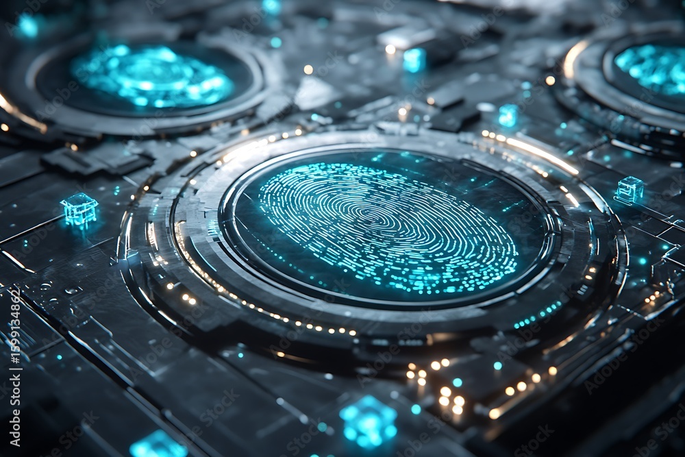 Poster futuristic fingerprint scanner technology for biometric security and data access control