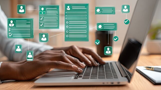 Person using laptop, workflow with forms and icons