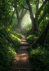 Naklejka premium Sunlit Path Through Lush Green Forest
