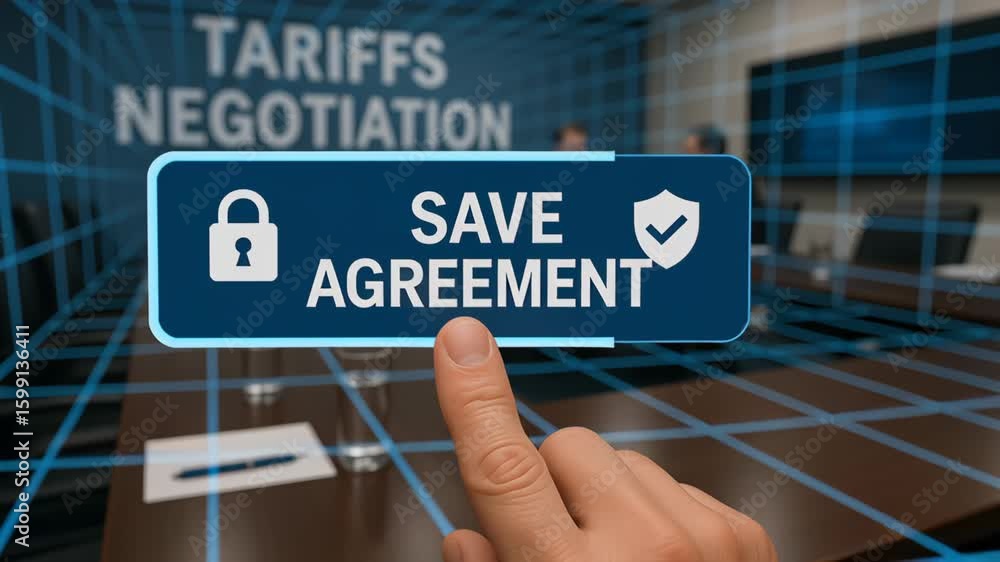 Poster tariff negotiation agreement contract business security hand pressing save button symbolizing secure