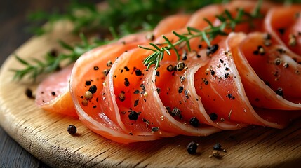 Sliced cured meat, seasoned with herbs and spices.