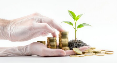Gloved Hands Carefully Placing Coins Beside Growing Plant