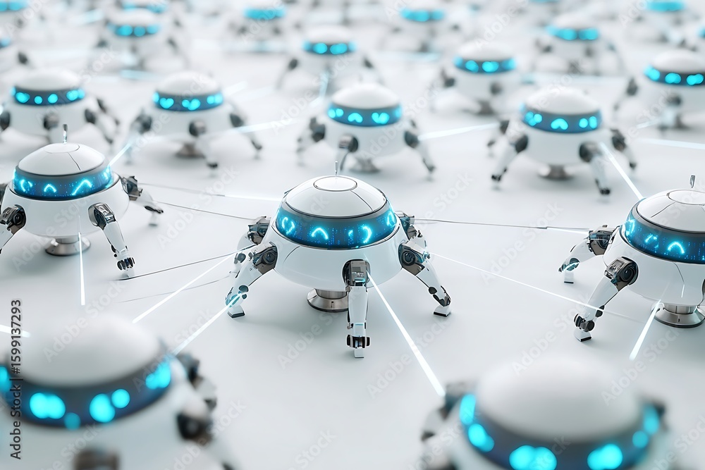 Poster networked robotic swarm intelligence with futuristic technology and ai connectivity nodes