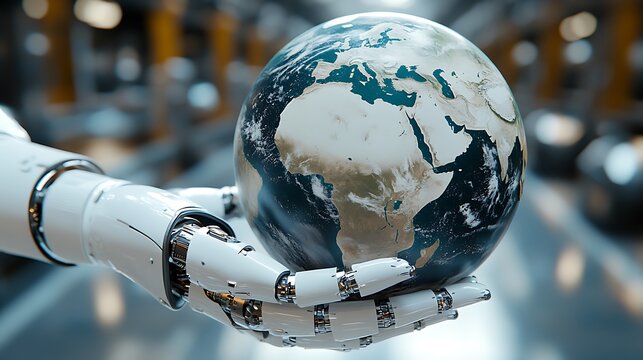 Robotic arm holds a detailed globe of the Earth. - Powered by Adobe