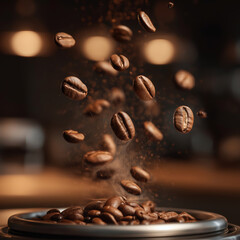 Roasted coffee beans flying in mid-air over metal grinder in warm cafe light showing aroma and energy burst