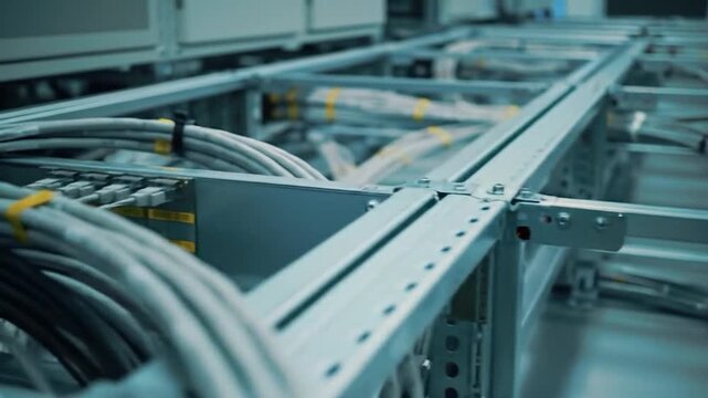 Server Room Cables Infrastructure with background equipment. Network management, data transmission, technology illustration