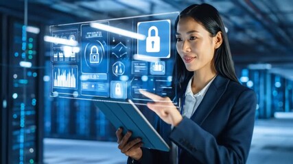 Asian woman using a tablet to manage data in server room with virtual interface - Powered by Adobe
