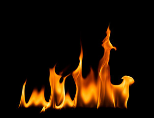 Flame, heat from fire, danger of gas explosion, isolated on black background.