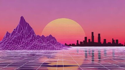 Retrofuturistic landscape with mountains city and grid - Powered by Adobe