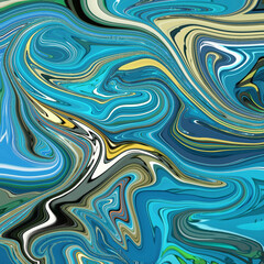Vibrant abstract swirl art with dynamic blue, teal, and yellow tones. Fluid movement and rich texture ideal for backgrounds, prints, or digital media. Abstract and fluid focused.