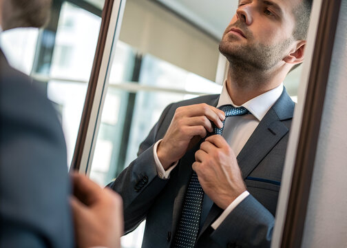 A handsome businessman is adjusting his tie in the mirror preparing for a successful day ahead