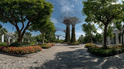Tropical garden path with iconic structures