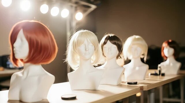 Mannequin heads displaying wigs in a beauty studio setting