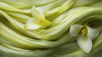 Serene Embrace: Delicate White Flowers Nestled in Lush Green Leaves