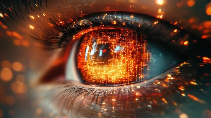 Futuristic eye, glowing circuit, bokeh background, digital art, tech concept