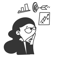 cute cartoon woman thinking about business plan and target illustration in doodle style