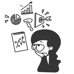 cute cartoon woman thinking about business plan and target illustration in doodle style