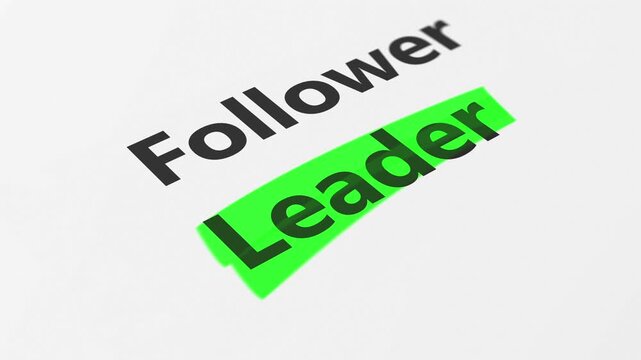 Business leadership concept with a 3d animation of leader sign and text highlighted with a green marker.